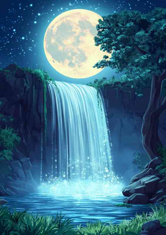 Waterfall the sky moonlight shining | Poster
