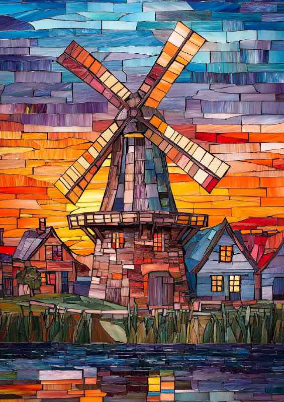 Windmill on the river bank with houses in front mosaic style | Canvas