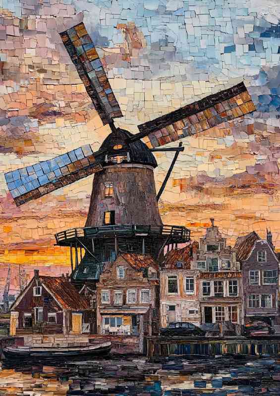 Windmill on the riverbank houses in front of it sun | Di-Bond