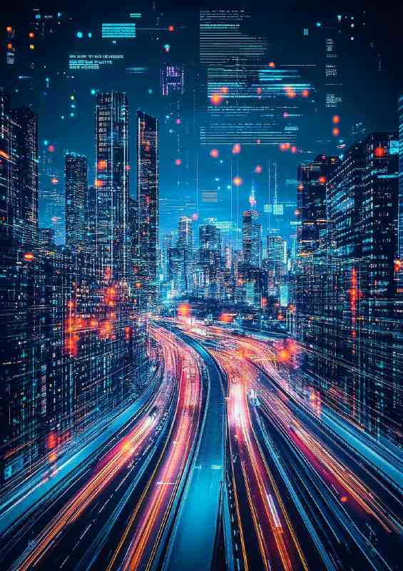 City at night with neon orange lights and skyscrapers | Canvas