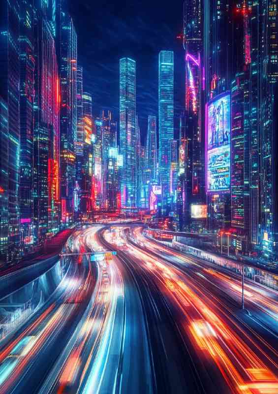City skyline at night illuminated by neon lights | Metal Poster
