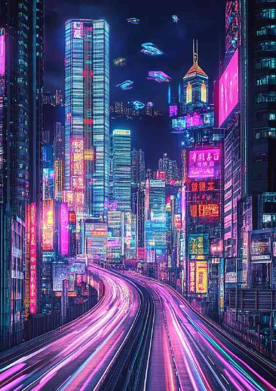 City skyline at night with neon lights | Poster