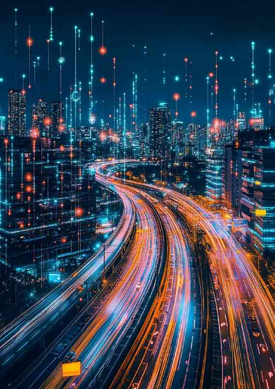 City skyline at night with neon lights and skyscrapers | Metal Poster