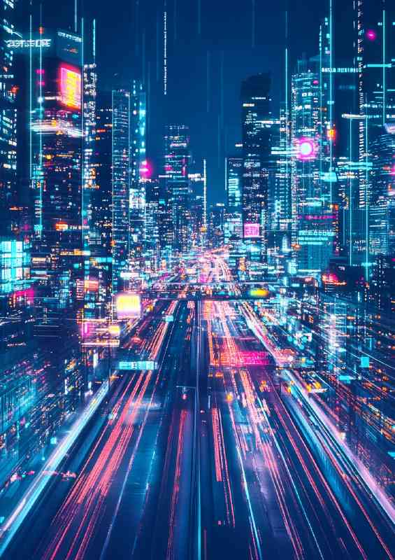 City skyline at night with neon lights and skyscrapers glowing | Metal Poster