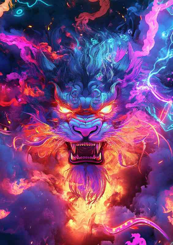 Fierce looking multicolored lion with glowing eyes | Canvas