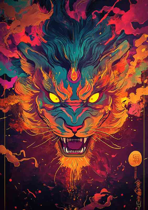 Fierce looking multicolored lion with glowing eyes splat art | Di-Bond