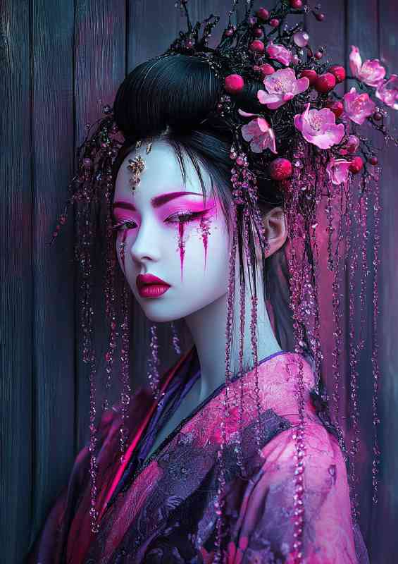Japanese woman in the style of cyberpunk with pink flowers | Poster