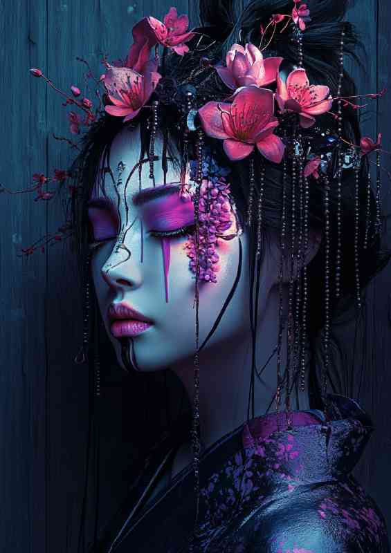 Japanese woman in the style of cyberpunk with pink makeup | Canvas