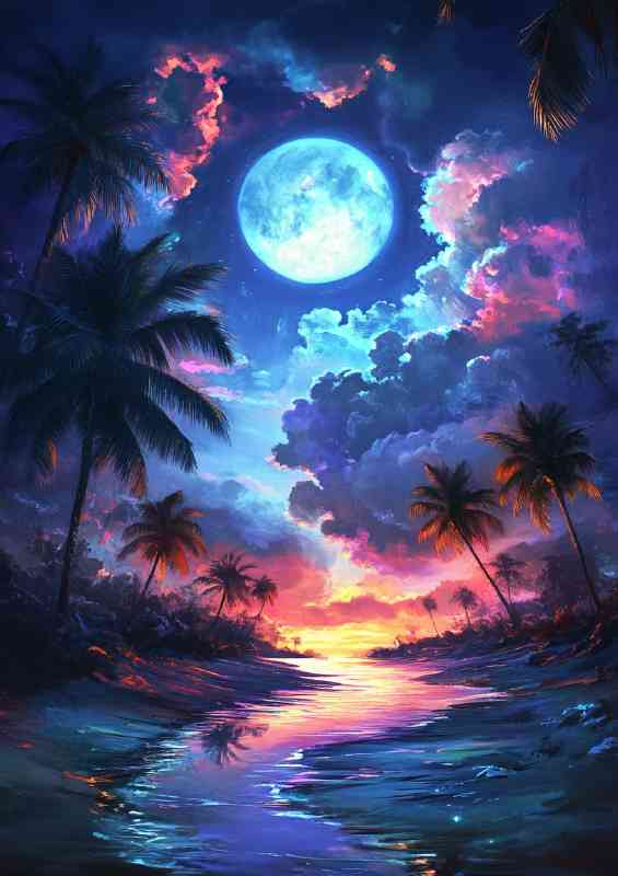 Neon moon and blue sky clouds river | Canvas