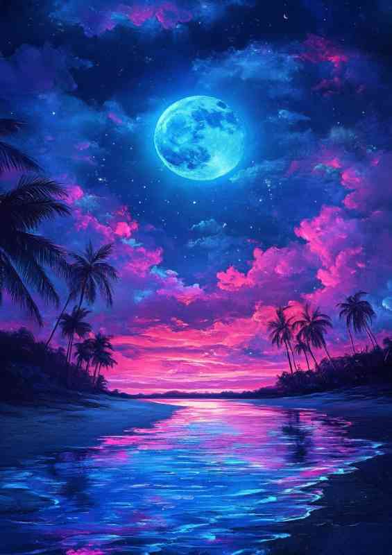 Neon moon and blue sky neon clouds | Canvas