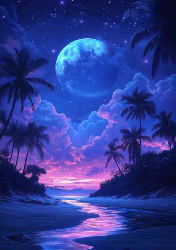 Neon moon and blue sky palm trees | Canvas