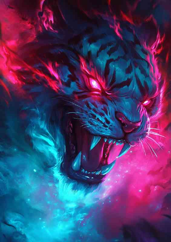 Neon red and blue gradient colors an angry tiger | Poster
