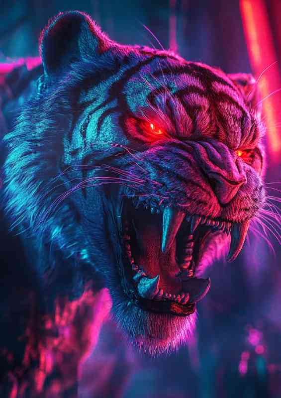 Neon red and blue gradient colors an angry tiger growl | Poster