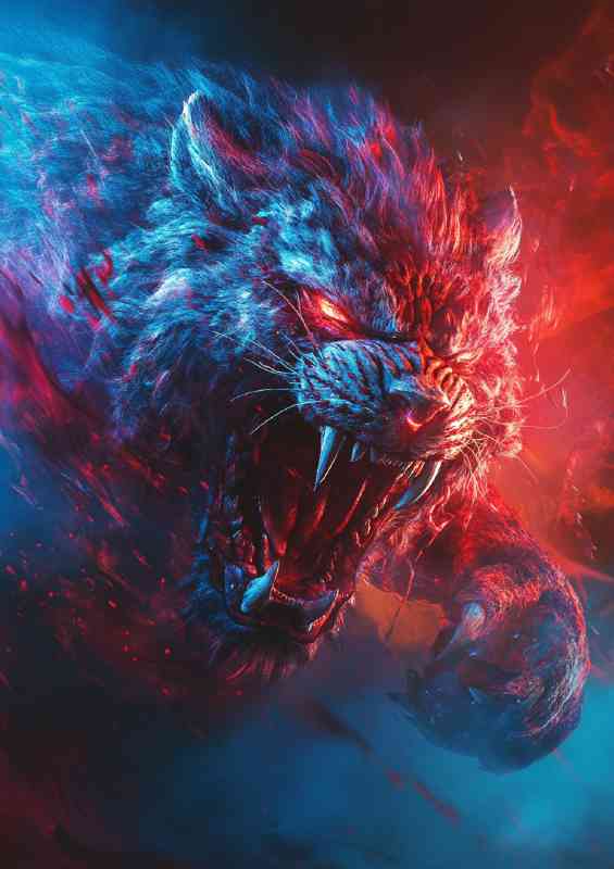 Neon red and blue gradient colors an angry tiger leap | Canvas