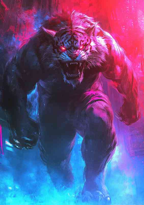 Neon red and blue gradient colors an angry tiger walking | Metal Poster