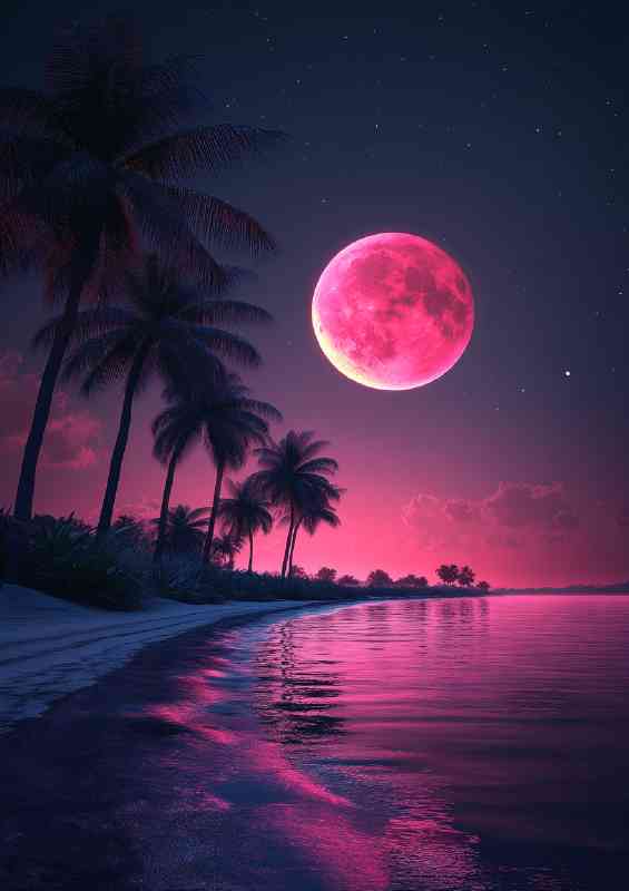 Red neon moon and palm trees sea | Metal Poster