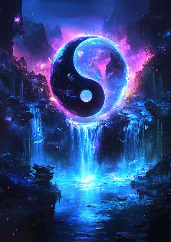 Yin yang symbol with an ethereal glow waterfalls | Metal Poster