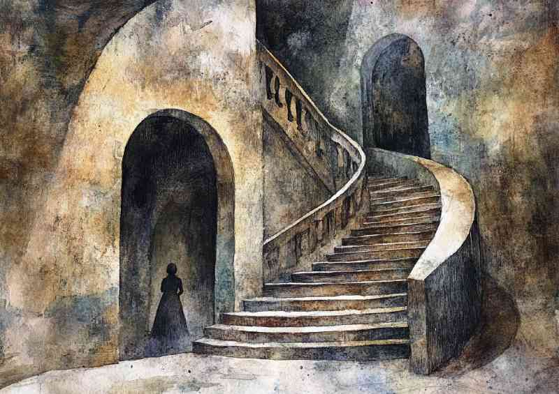 A watercolor painting of an ancient staircase | Metal Poster