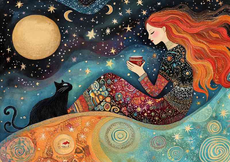 Beautiful woman with long red hair sitting on the hils | Poster