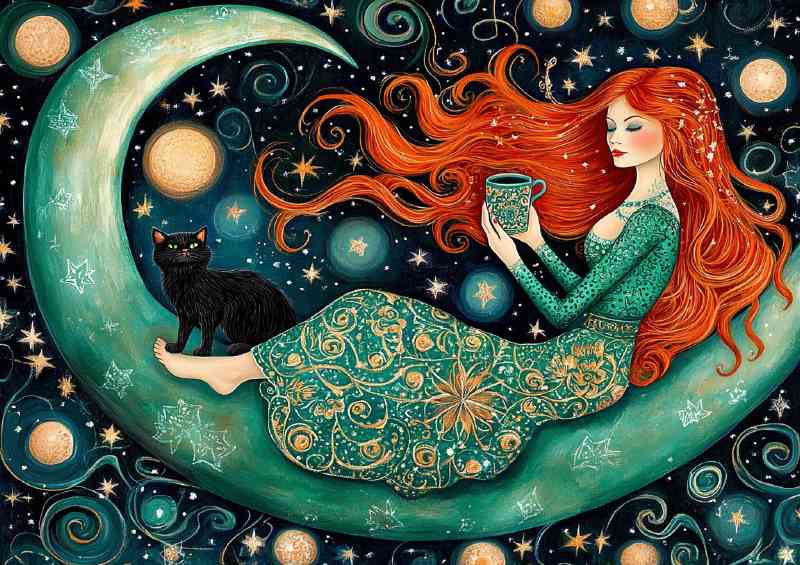 Beautiful woman with long red hair sitting on the moon with a tea | Di-Bond