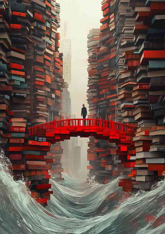 A red bridge made of books is in the center | Canvas