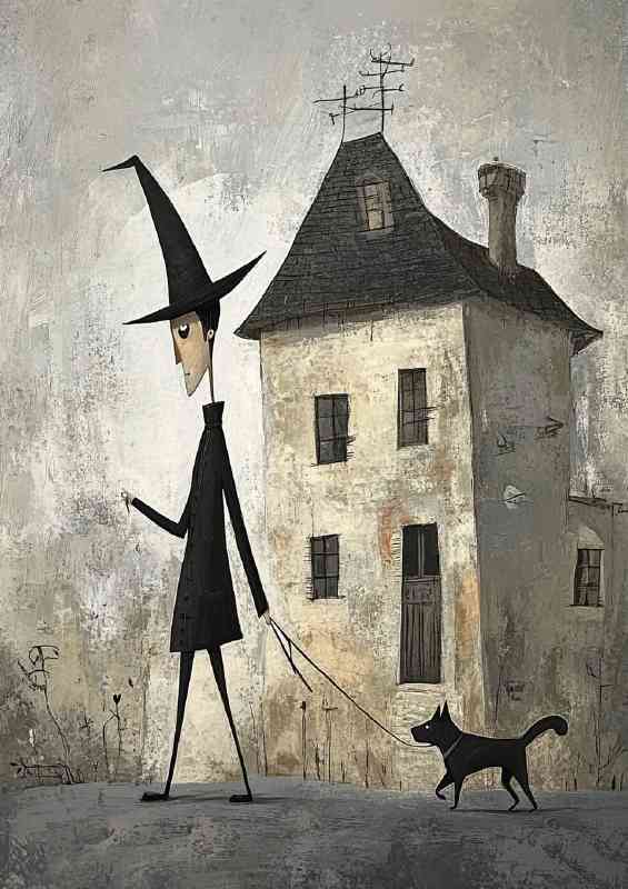 A tall thin man with a pointy hat and black suit walking the dog | Metal Poster