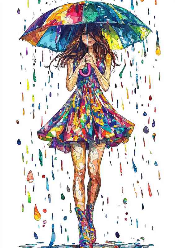 Colorful girl with an umbrella splashed mosaic | Metal Poster