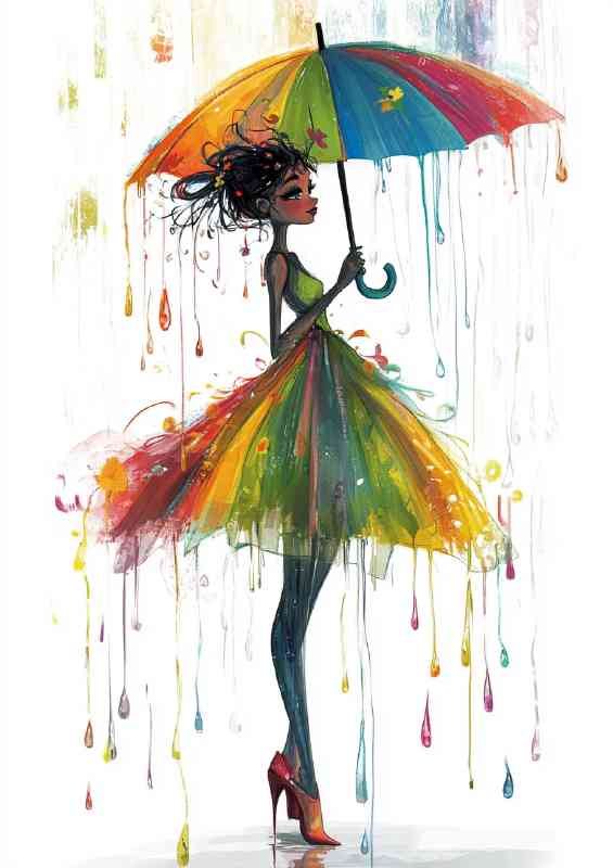 Girl in an umbrella like skirt stands colourful rain drops | Metal Poster