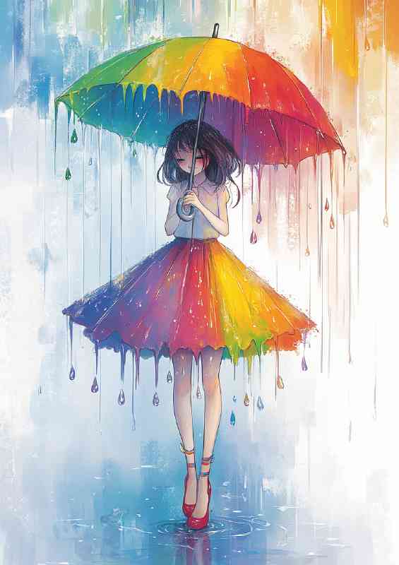 Girl in an umbrella like skirt stands under the rai nbow drops | Metal Poster