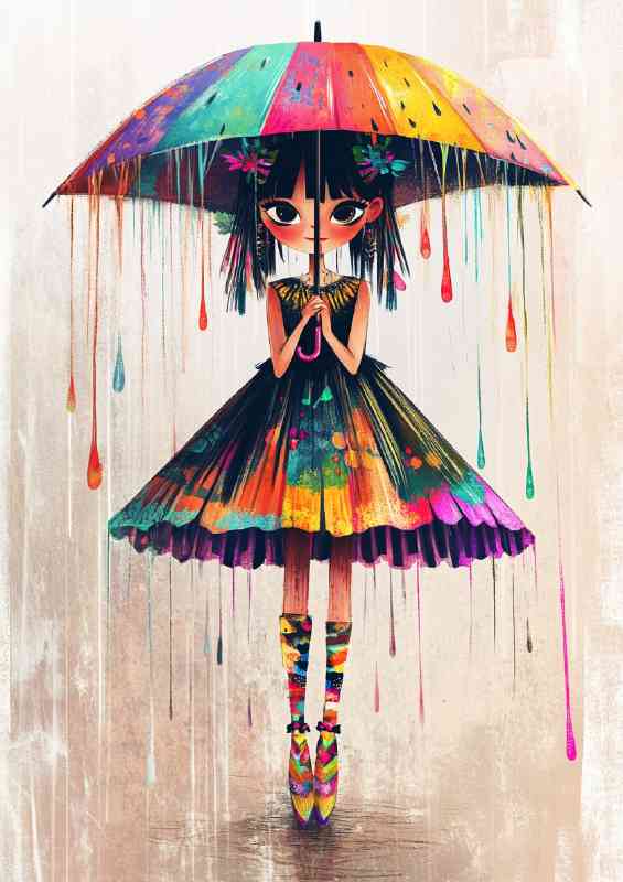 Girl in an umbrella like skirt stands under the rain of colour | Di-Bond
