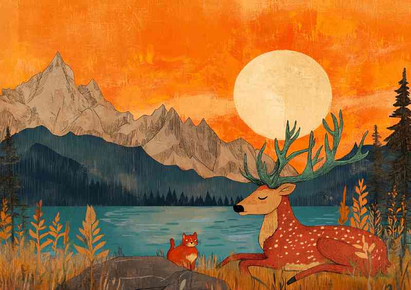 A deer with green antlers resting by the lake setting sun | Poster