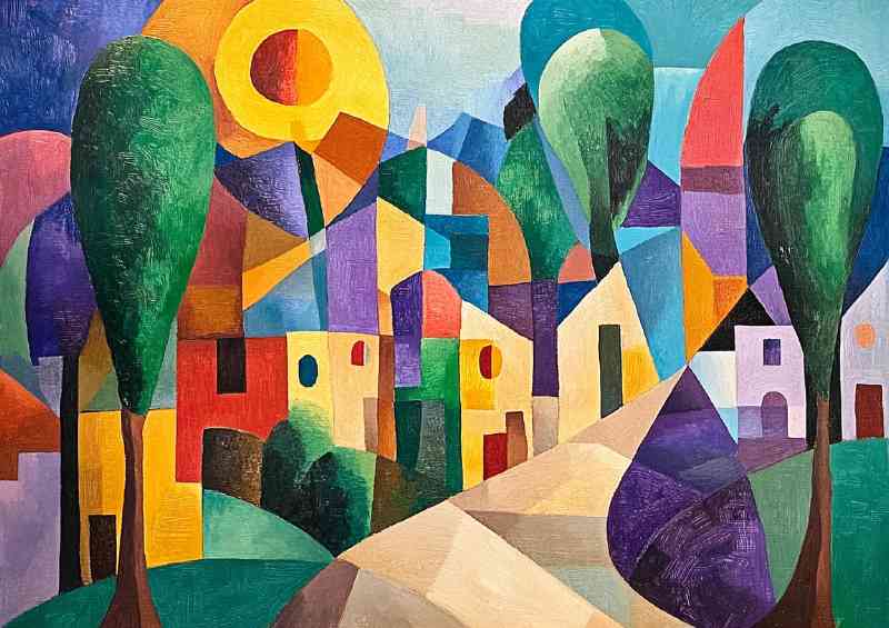 Cubist painting of a small town with trees | Metal Poster