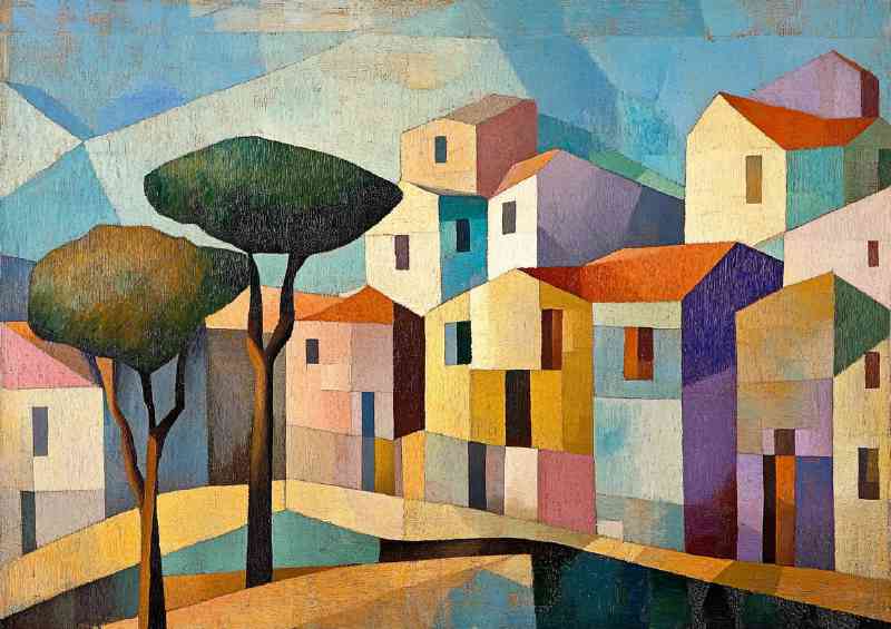 Cubist painting of a small town with trees and buildings | Metal Poster