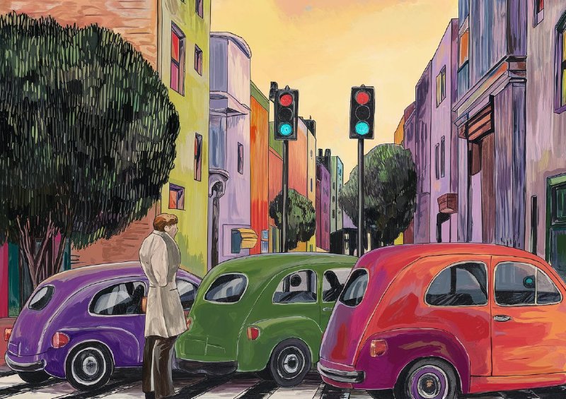 Vibrant city street three parked cars | Canvas