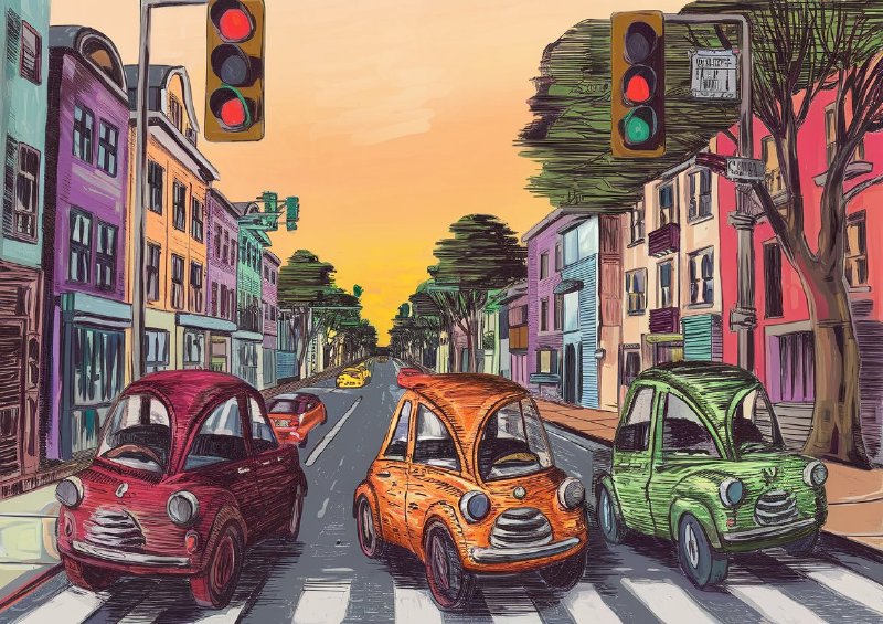 Vibrant urban street scene the three little cars | Metal Poster
