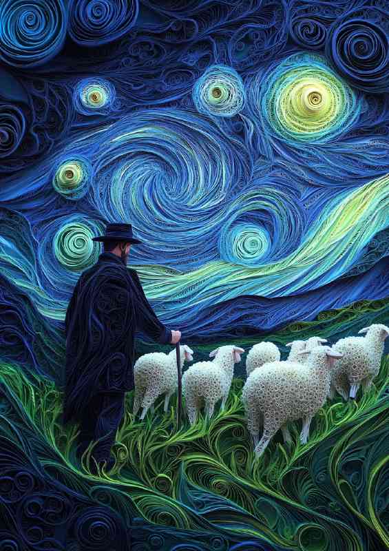 A shepherd with his flock of sheep walking under the swirly skies | Metal Poster