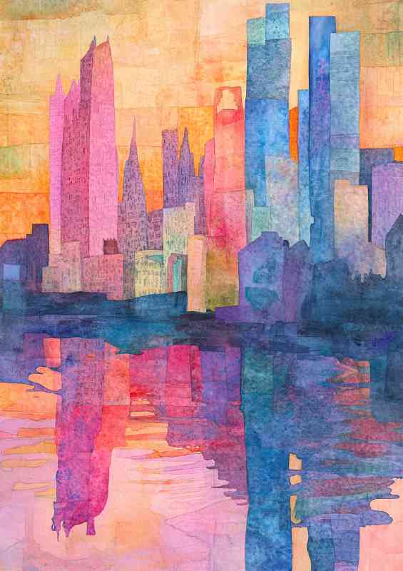 Colorful watercolor collage of buildings and tall towers | Poster