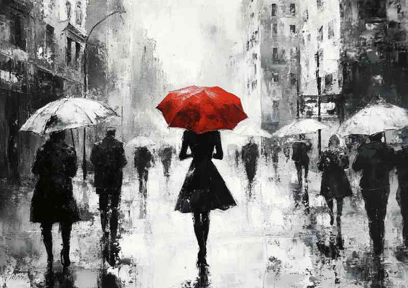 A black and white oil painting of an elegant woman red umberella | Metal Poster