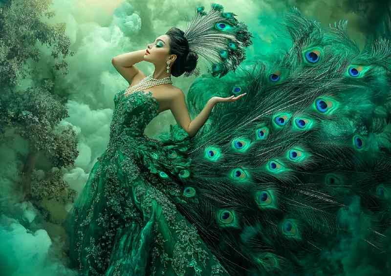 Beautiful woman in an emerald dress with peacock feathers | Metal Poster