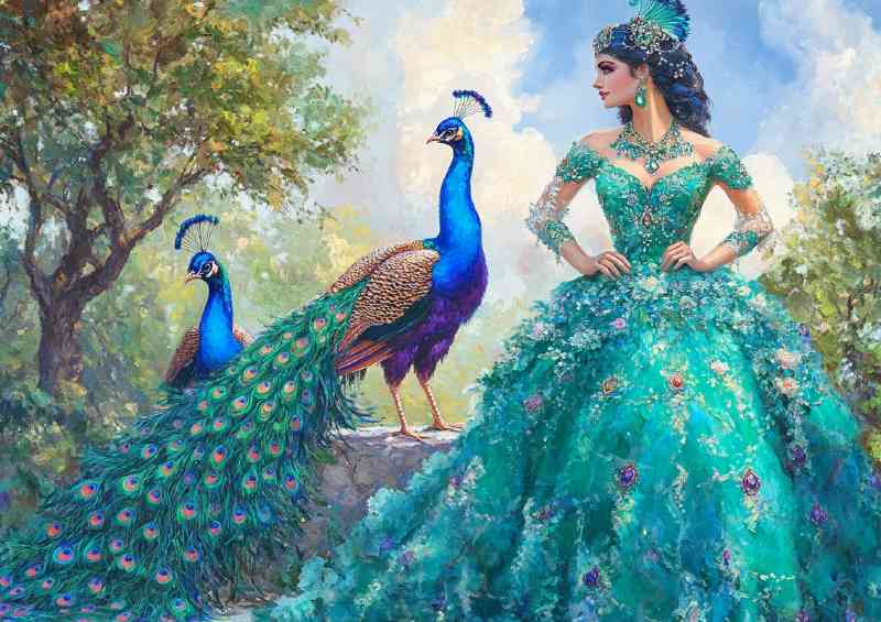 Beautiful woman in an emerald dress with peacocks | Metal Poster