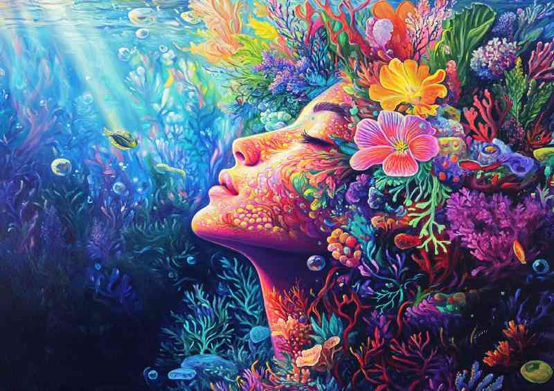 Beautiful woman with a colorful flower crown her face | Metal Poster