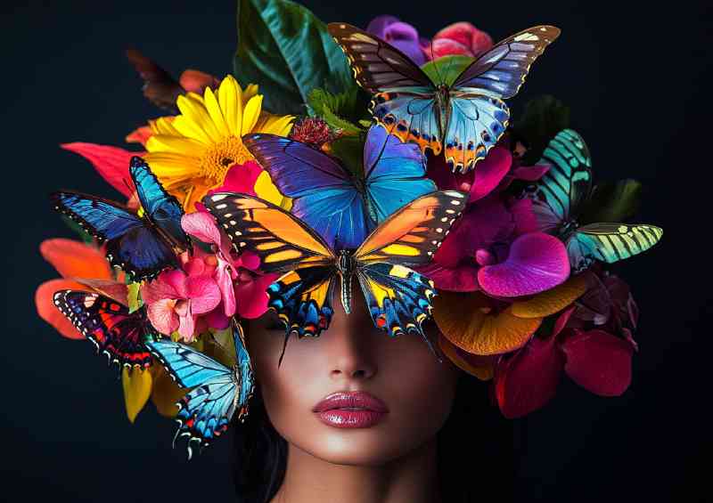 Beautiful woman with colorful butterflies and flowers | Metal Poster