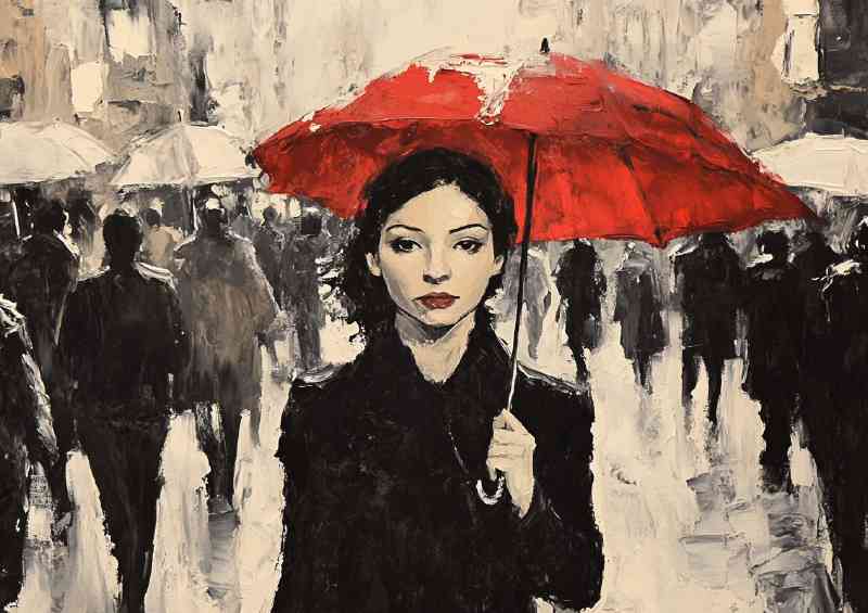 Black and white painting of a woman with a red umbrella | Metal Poster