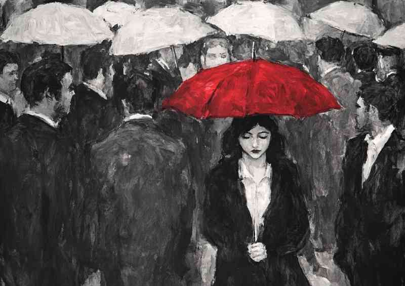Black and white painting of a woman with a red umbrella standing out | Metal Poster