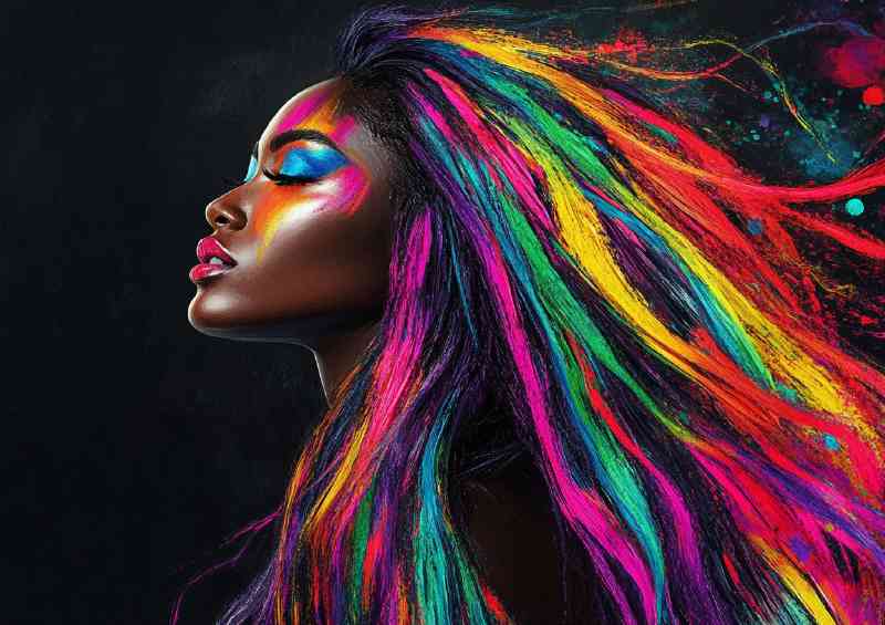 Black woman with long colorful hair vibrant colors flowing | Metal Poster