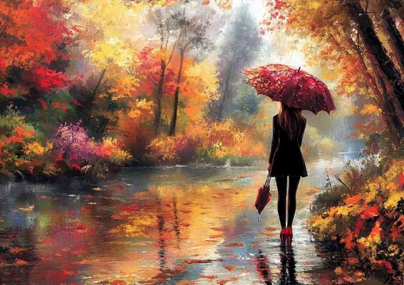Girl in high heels stands by the river holding an umberella | Di-Bond