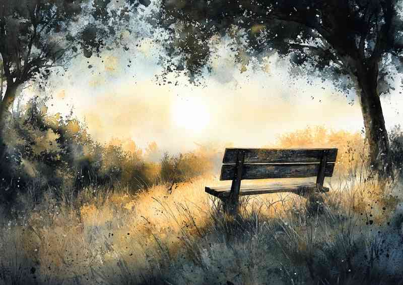 Landscape with an old wooden bench surrounded grasslands | Canvas
