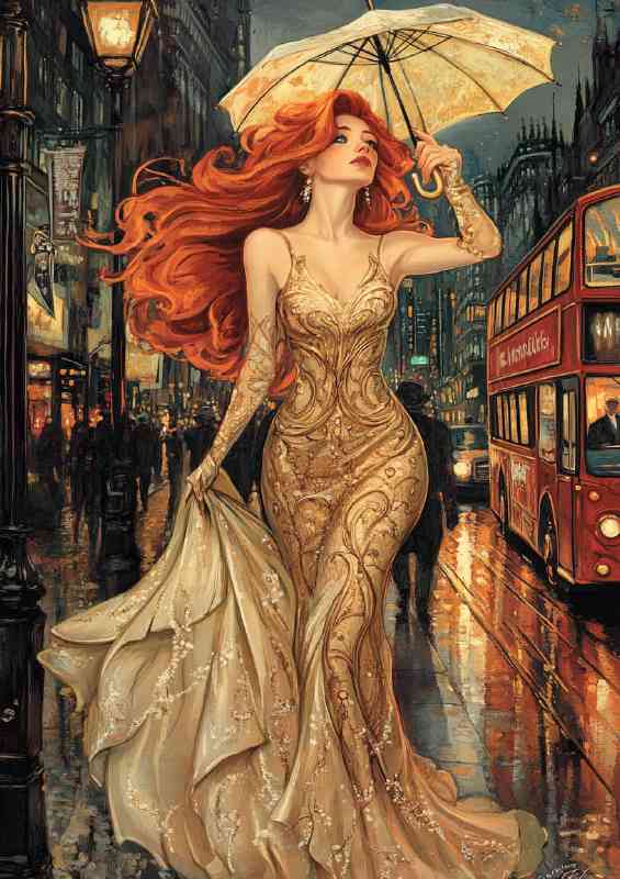 Beautiful woman with long red hair in an elegant golden dress | Metal Poster
