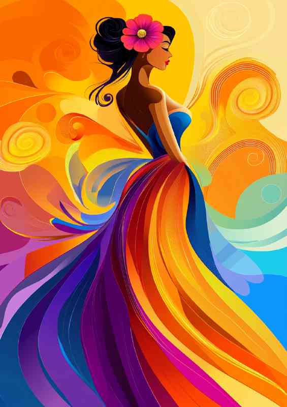 Colorful woman with a flower in her hair wearing a long dress | Di-Bond