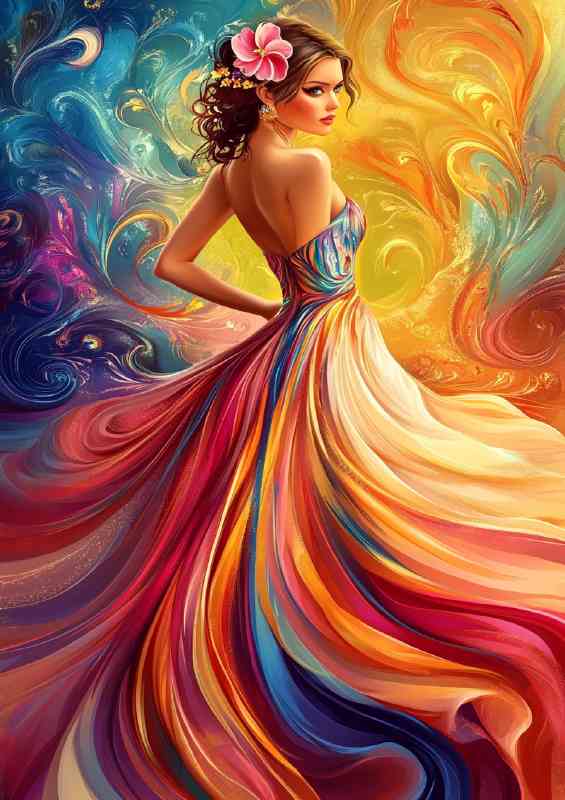 Colorful woman with a flower in her hair wearing long sweeping dress | Metal Poster